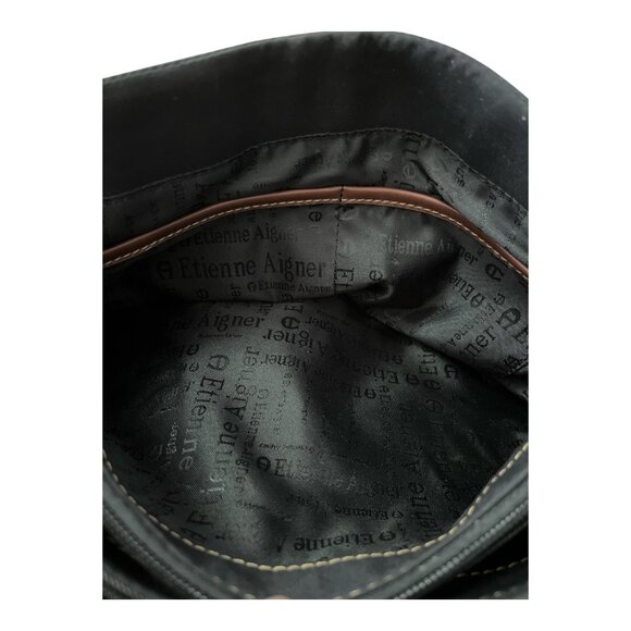 Etienne Aigner Black Canvas Satchel Tote Bag Brown Leather Trim Logo Charm – Eas - Picture 10 of 12